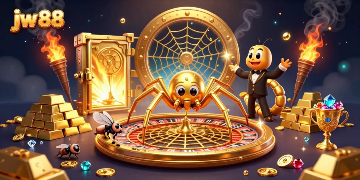 Engage with the exciting world of jw 88 as a golden spider spins a roulette wheel web while treasures burst around.