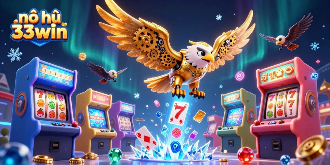 Get in on the action with nổ hũ 33win's vibrant slot games and jackpots in this eye-catching illustration.