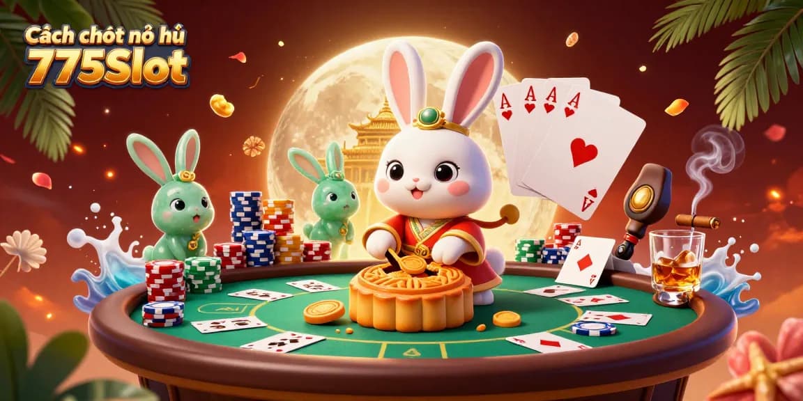 Cách chơi nổ hũ 777Slot with a moon rabbit and poker elements in a vibrant casino scene.