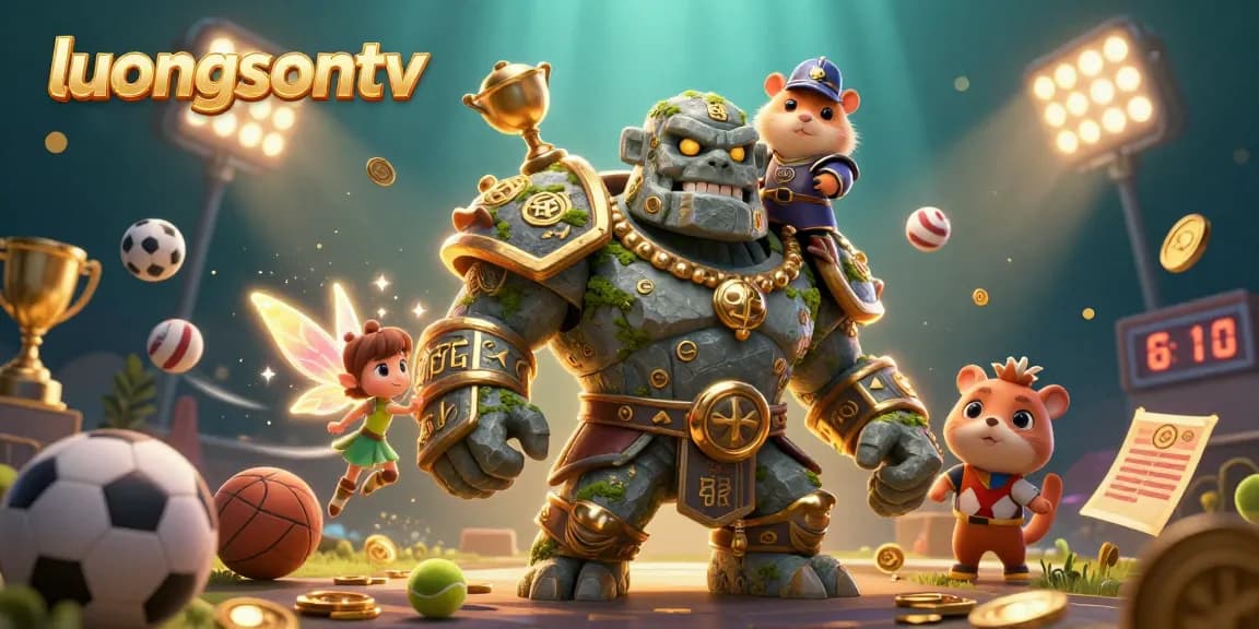 luongsontv presents a vibrant scene of a guardian golem, fairy, and hamster knight amidst dynamic sports elements and sparkling magic.