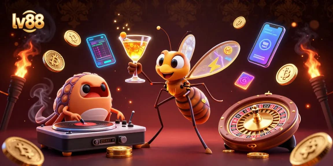 Engage with lv 88's unique gaming experience featuring a vibrant casino mascot and dynamic elements.