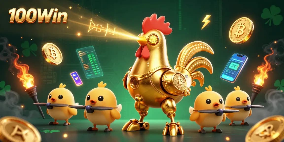 Engage in thrilling gameplay with 100Win's vibrant 3D casino illustration, showcasing exciting crypto gaming elements.