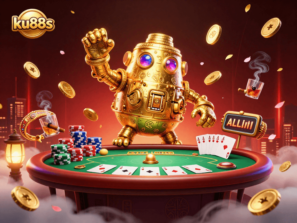 Engage with ku88s featuring a golden golem and poker elements in this vibrant casino scene.