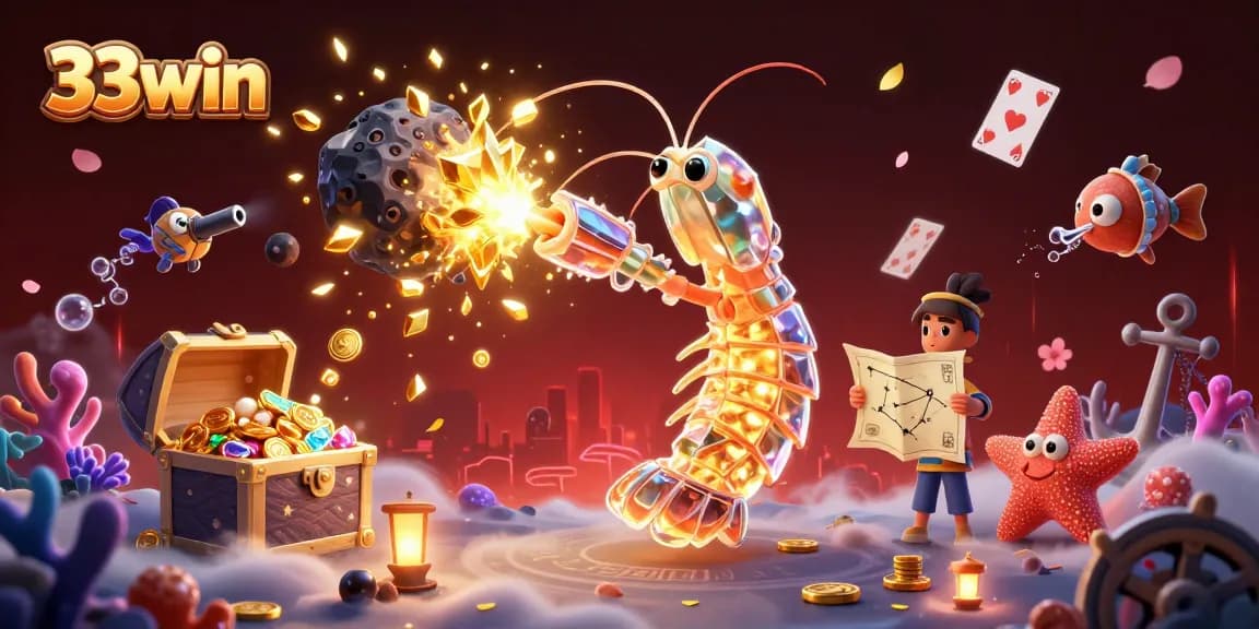 33win features a galactic samurai shrimp and starfish amidst exploding treasure, showcasing thrilling casino action.