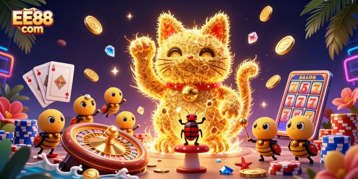 Engage with the festive energy of EE88 com, showcasing a lucky cat and glittering casino symbols in a vibrant digital scene.