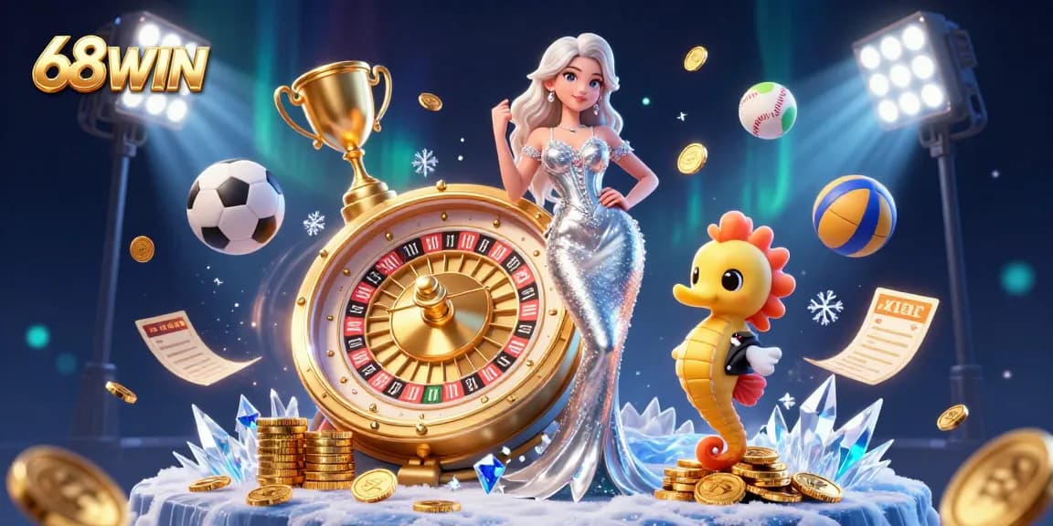 Experience thrilling gaming at 68WIN with a glamorous scene featuring a roulette wheel and dynamic sports elements.