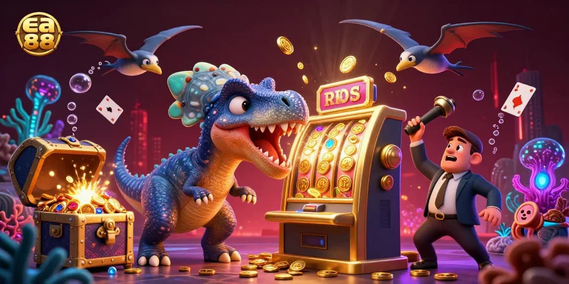 ea88 casino scene featuring a pachycephalosaurus hitting a slot machine, coins bursting everywhere.