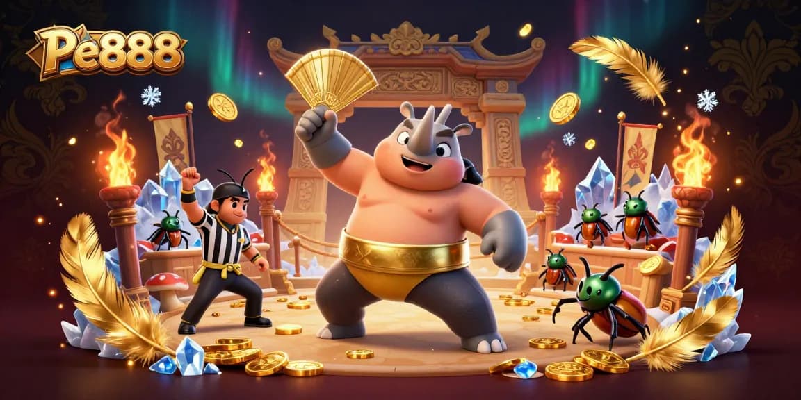 Pe888 offers a vibrant gaming experience with a dynamic scene of a rhinoceros beetle champion amidst flying gold coins.