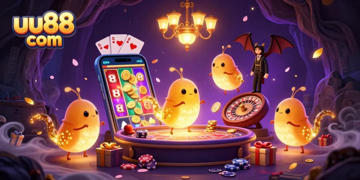 Experience fun at uu88 com with bioluminescent glowworms lighting up a cave casino scene.