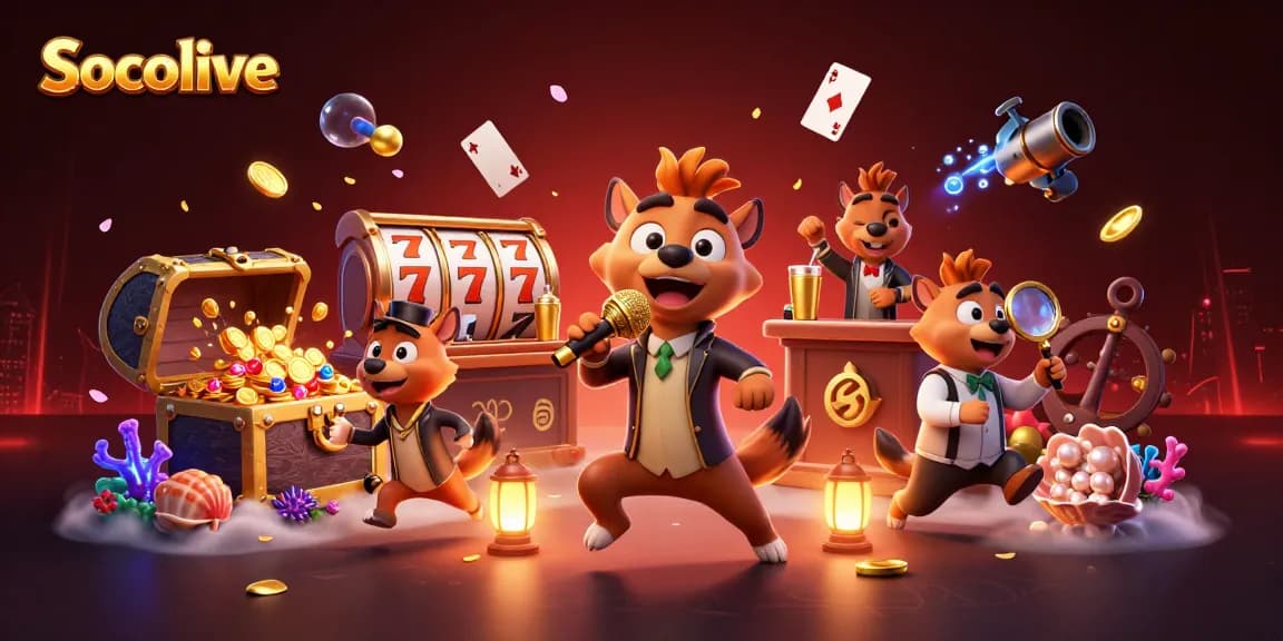 Socolive features a vibrant 3D scene of hyenas running a comedy casino club, showcasing exciting casino action and colorful elements.