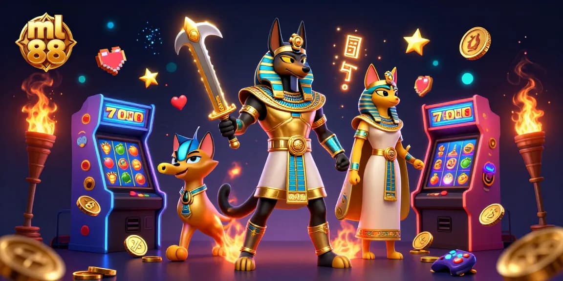 Spin and win with ml 88 in a vibrant casino scene featuring Anubis and Bastet.