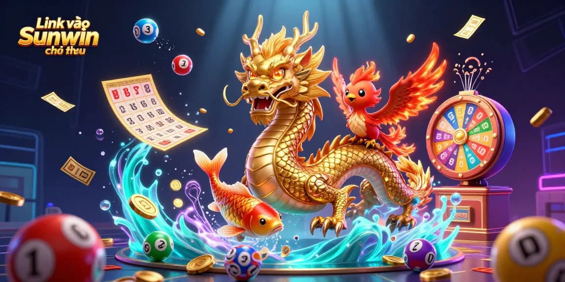 Engage in thrilling action with Link vào Sunwin chính thức amidst vibrant casino elements like lottery balls and golden coins.