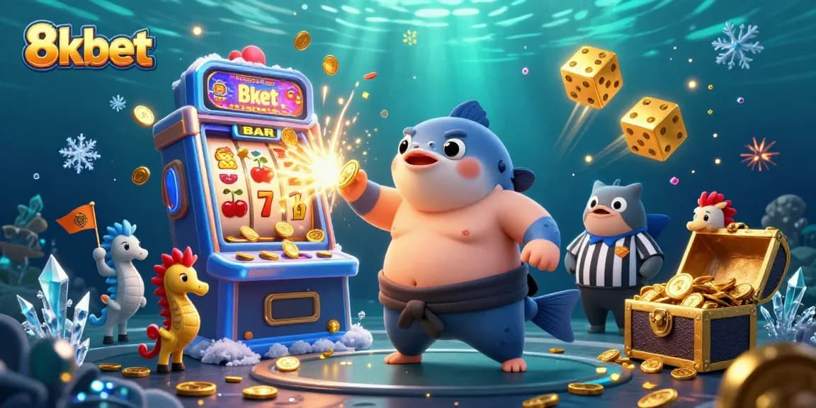 Join the excitement at 8xbet with a vibrant underwater casino scene featuring a playful fugu, showcasing thrilling jackpots.
