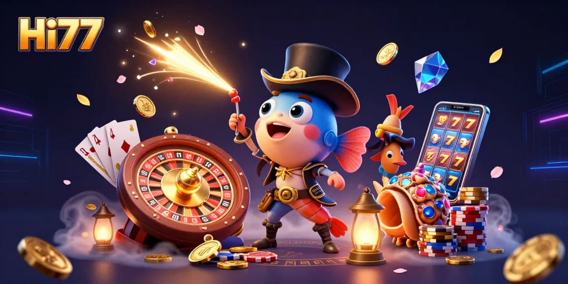 Win big with Hi77's vibrant casino scene featuring golden coins, slots, and animated characters.
