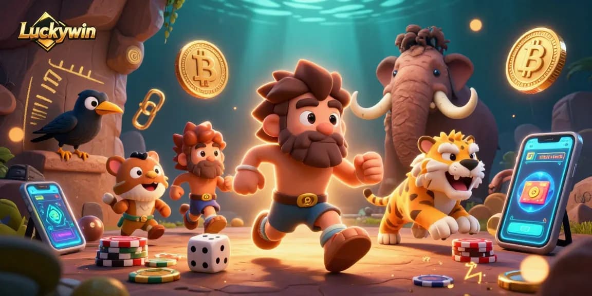Play at Luckywin with a vibrant gaming scene showcasing energetic cavemen and crypto coins
