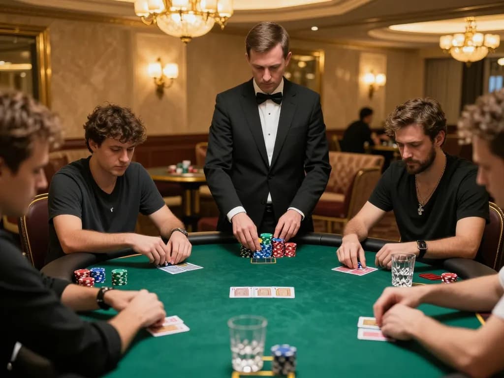 Engaged players strategizing in a kp88 vip poker game at an elegant casino.