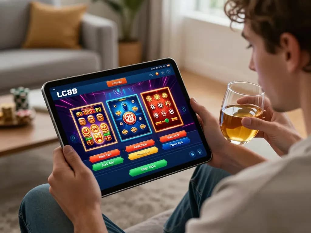 Engaging user exploring trang chủ lc88 app for strategic betting in a cozy setting.