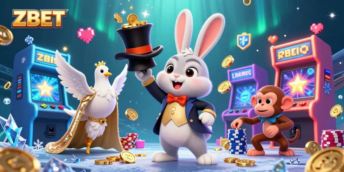 ZBET offers thrilling gaming action with a magician rabbit and colorful casino elements in this vibrant illustration.