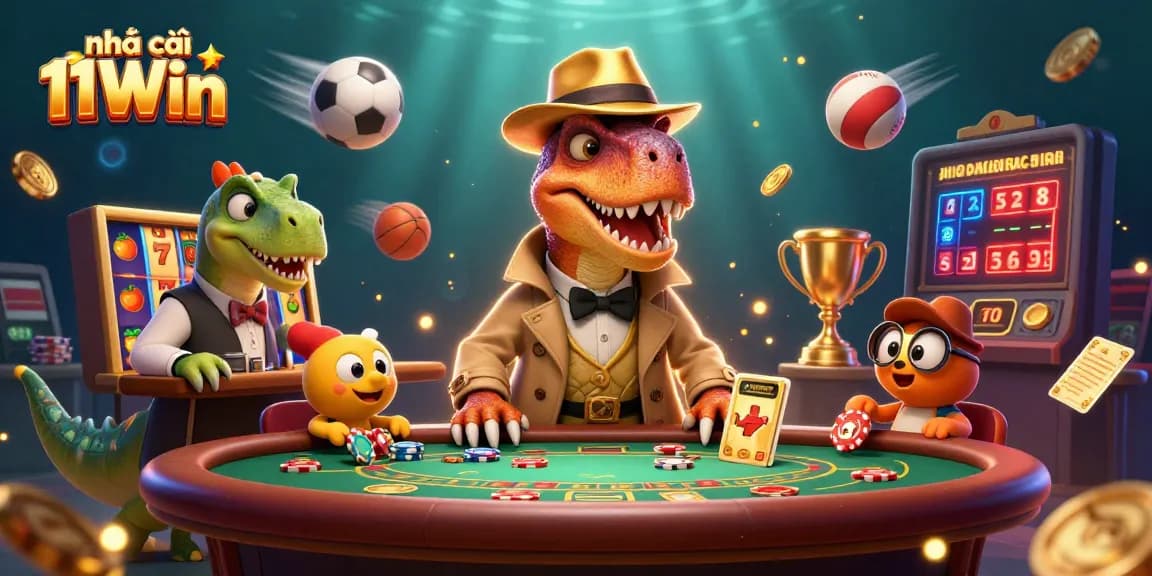 Experience thrilling gameplay at Nhà cái 11Win with a mischievous velociraptor at the casino.