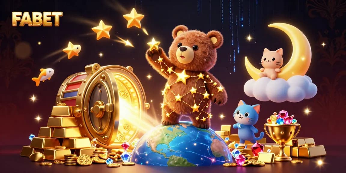 Experience the thrill of winning at FABET with a stunning 3D illustration showcasing gaming excitement and treasure.