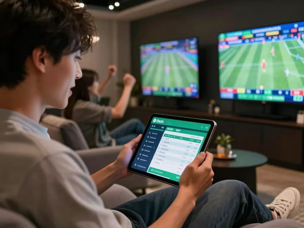 Person reviewing tin soi kèo app for sports betting in an exciting lounge setting.