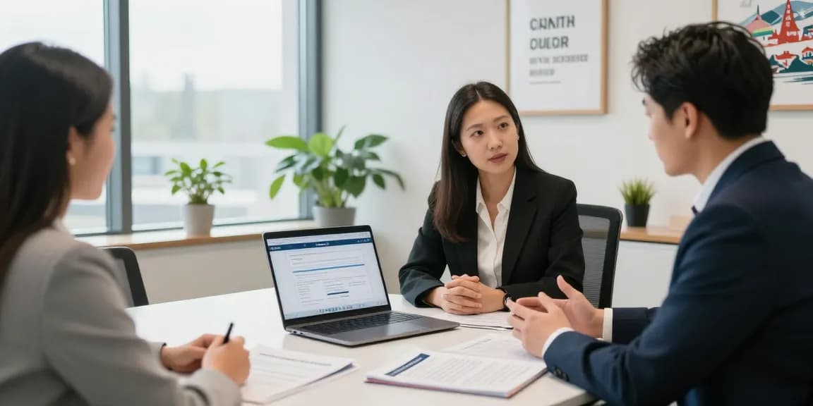 Couple consulting a professional about the Canadian immigration application tool in a modern office.
