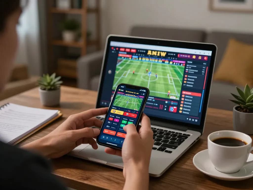 Bongdalu sports betting action on a smartphone in a cozy home setting with strategy notes and coffee