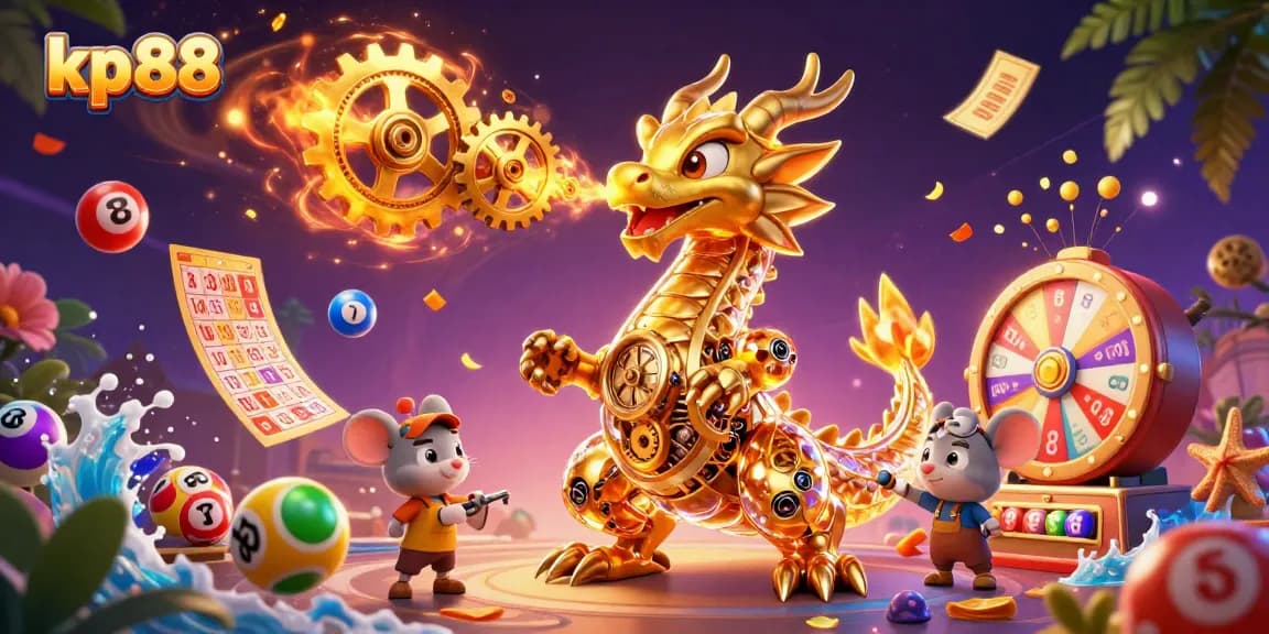 Engage with casino thrills at kp 88, featuring a dramatic scene with a golden dragon casting gears amidst lottery excitement.
