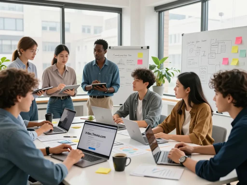 Diverse professionals collaborating on projects in a bright co-working space featuring the website https://7mvna.com/ on a laptop.