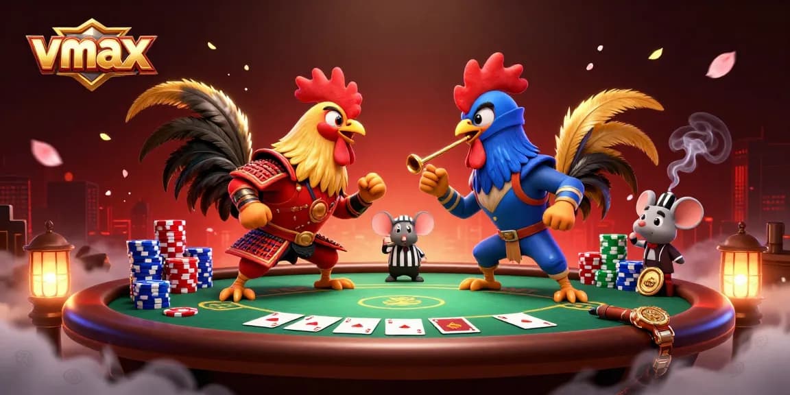 Experience vmax gameplay as fighting roosters battle amid vibrant poker elements and dynamic casino atmosphere.