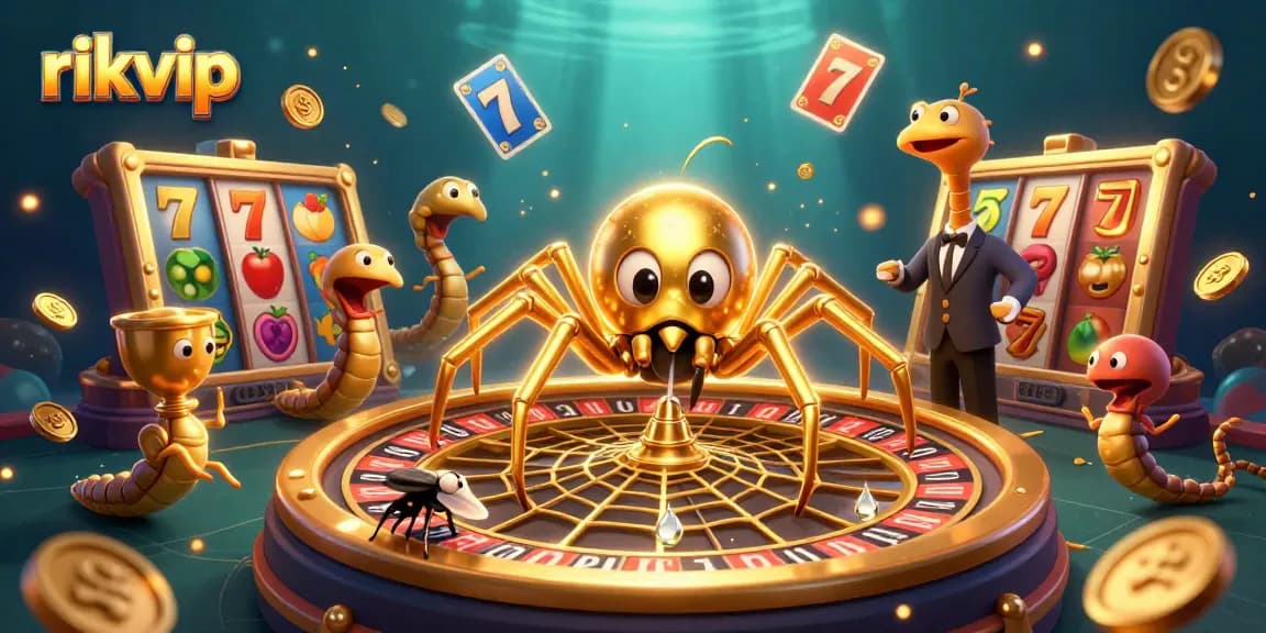 Experience the excitement of rikvip with a golden spider, roulette wheel, and slot games.