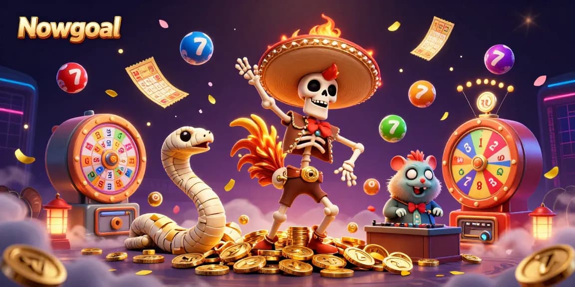 Nowgoal ignites excitement with a vibrant 3D illustration featuring winning lottery symbols and fun characters.