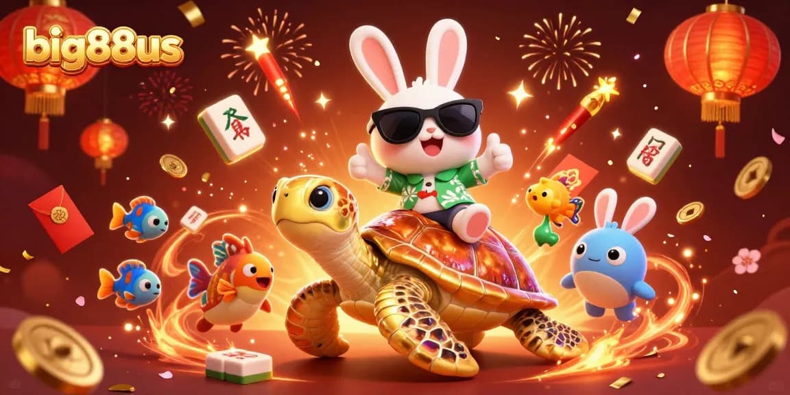 Experience the gaming excitement with big88us featuring a rabbit and turtle in a festive scene.