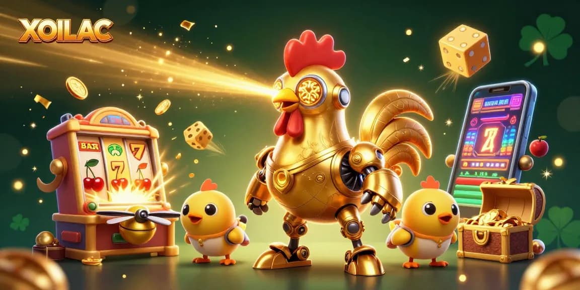 Engage with XOILAC casino action featuring dynamic golden rooster robot and baby chick drones amidst vibrant jackpots.
