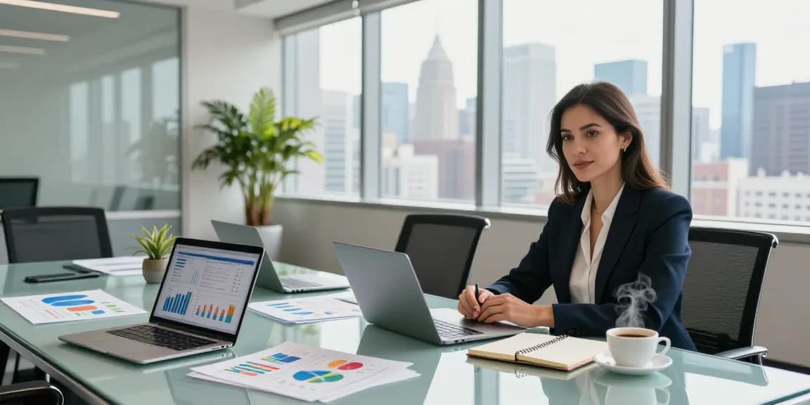 Jaklin Dalir strategizing in a bright corporate workspace with laptops and data visuals.