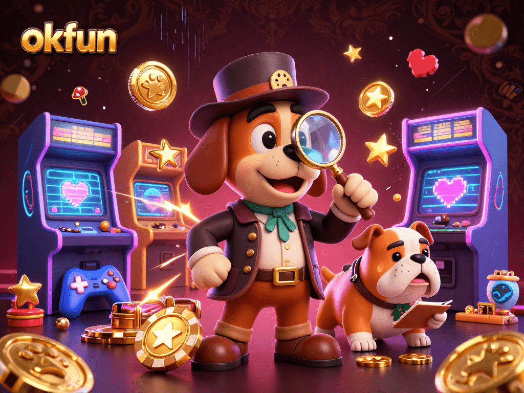 Join the thrill of okfun as a detective uncovers secrets amidst vibrant casino elements and golden treasures.