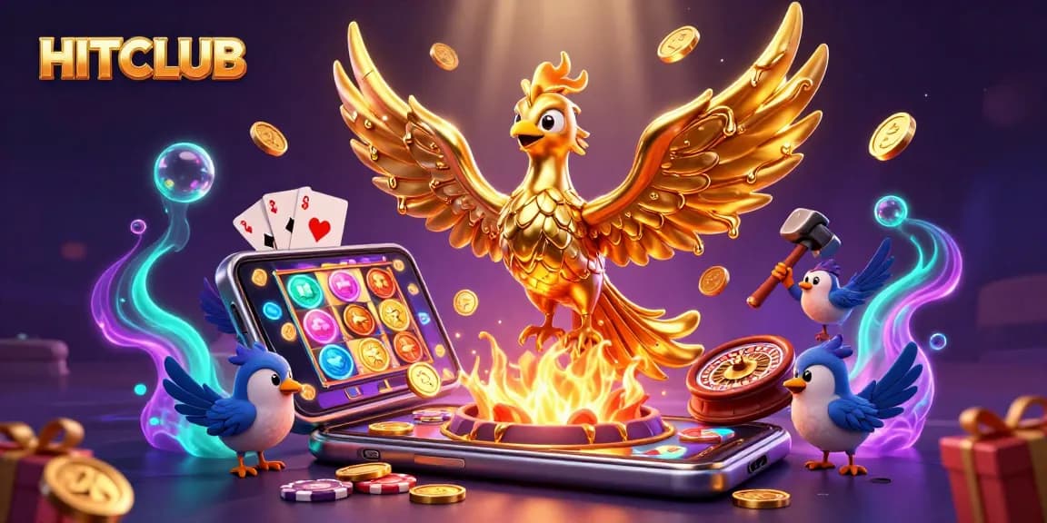 Engage with HITCLUB's thrilling casino experience featuring a golden phoenix amid dynamic gaming elements.