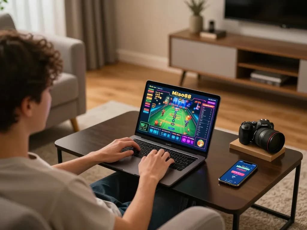 Miso88 player engaging in online casino game on laptop with vibrant screen.