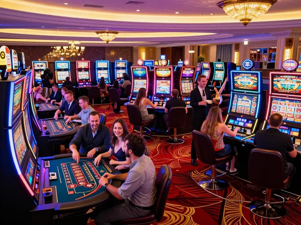 Players enjoying vibrant slots at nhà cái lv88's luxurious casino floor, celebrating wins.