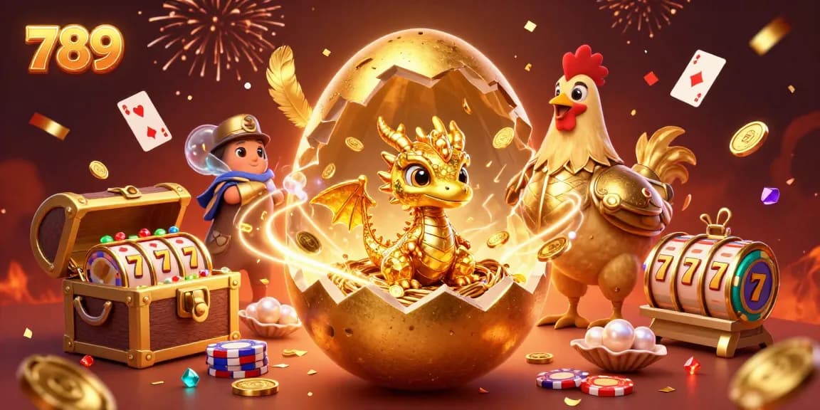 Win big at 789 Casino with a baby dragon guarding poker chips amidst gold coins and vibrant slot elements.