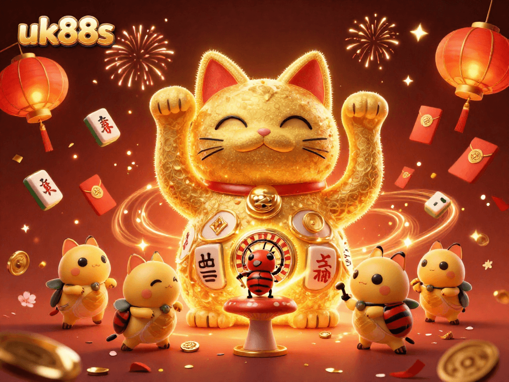 Experience thrilling moments with uk88s at a vibrant casino featuring a lucky cat scene.