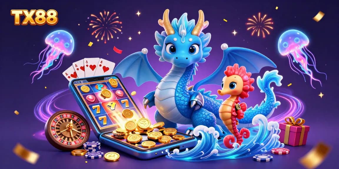 TX88 invites players to spin colorful slots and win with a dragon, seahorse knight, and jellyfish.