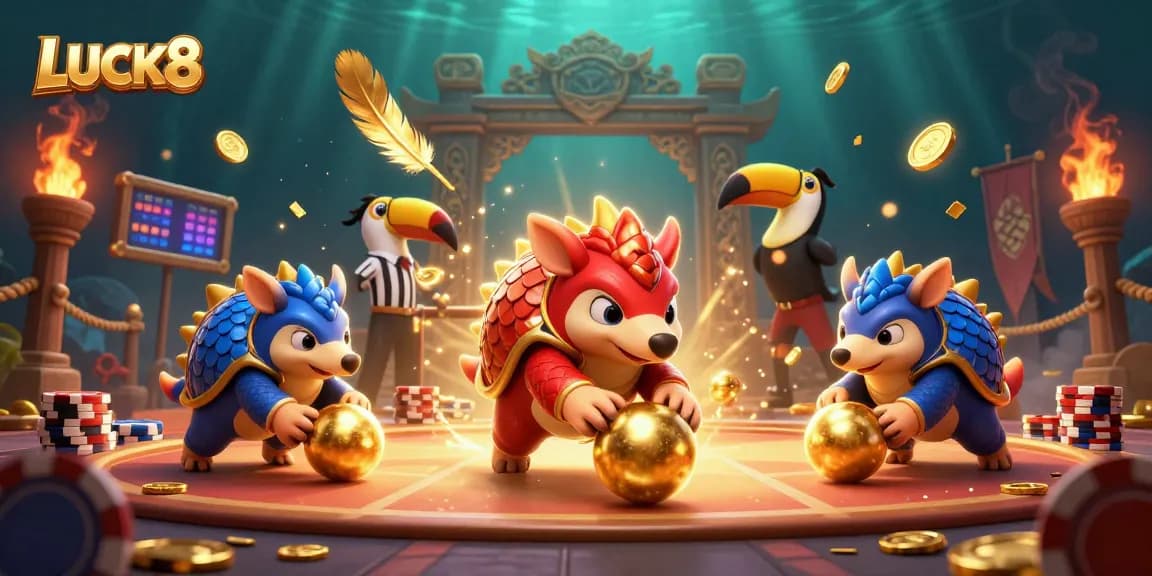 LUCK8 pangoles compete in a colorful casino scene filled with poker chips and gold coins.