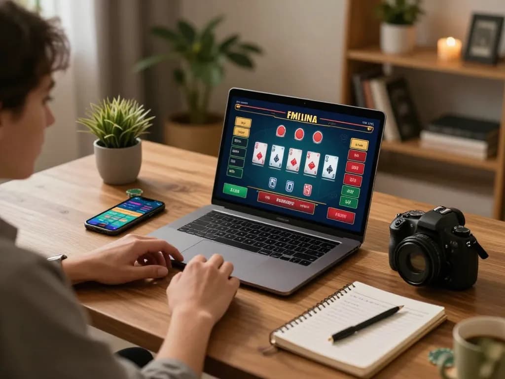 Person enjoying a live dealer casino game on laptop, showcasing nhà cái Jun88's engaging online gambling experience.