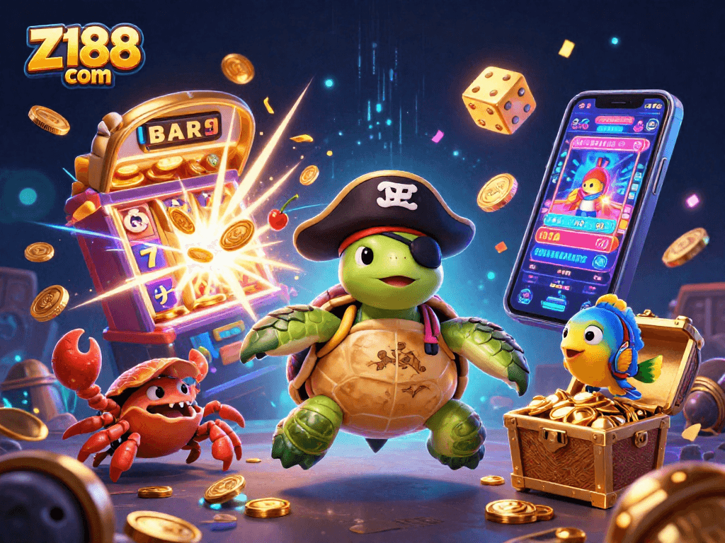 Win big with Z188 com in this vibrant casino adventure featuring a playful turtle and colorful game elements.