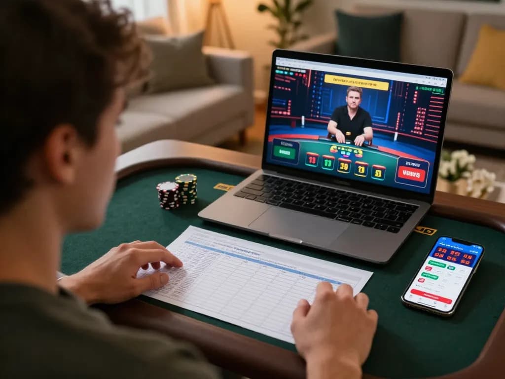 Hitclub player analyzing strategies while enjoying a live dealer game, emphasizing responsible gambling.