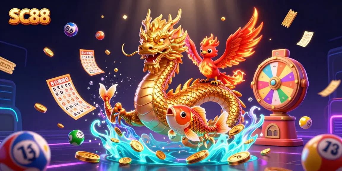 Experience excitement with SC88 featuring a dragon, phoenix, koi fish, and vibrant lottery elements.