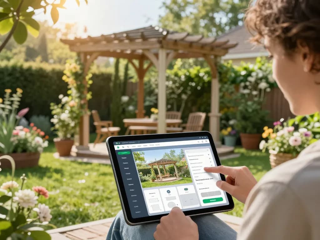3D Pergola Configurator showcased by a person in a beautiful garden setting, adjusting pergola design and materials.