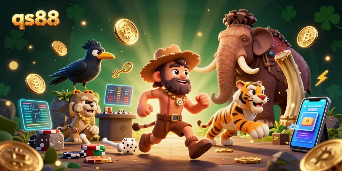 Engage in thrilling gameplay at qs88 with a 3D illustrated prehistoric casino scene featuring unique characters and crypto elements.