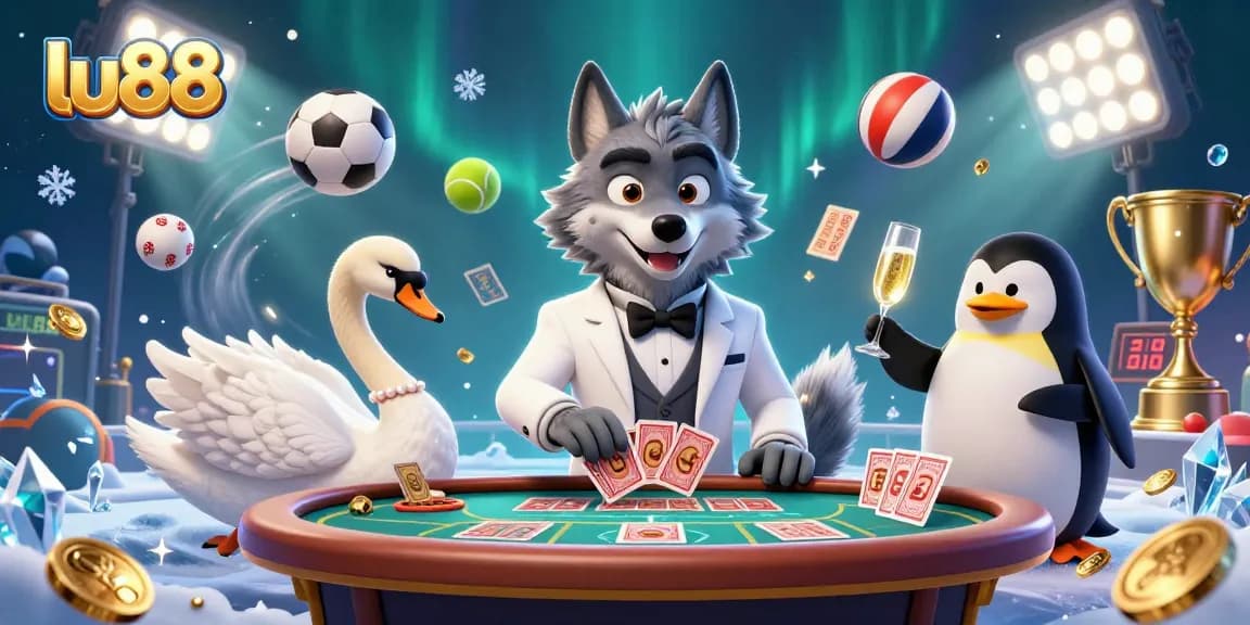 Play exciting games at LU88, featuring a debonair wolf and an elegant swan in a vibrant casino scene.